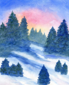 Sunrise on Snow - Watercolor - 14 X 19 - Sold - Prints available